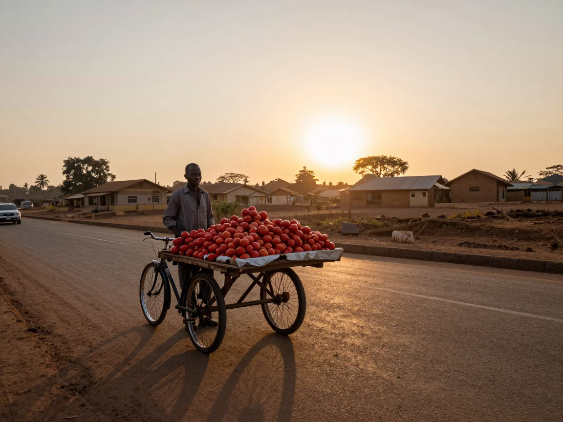 Nairobi street vendor selling fresh tomatoes at sunset with bicycle and drinking vessel in in Nairobi, Kenya