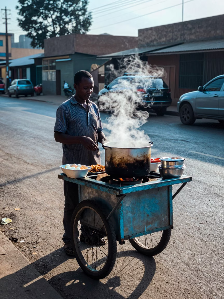 Nairobi Street Vendor Selling Gallo Pinto and Eggs Before Sunrise in in Nairobi, Kenya