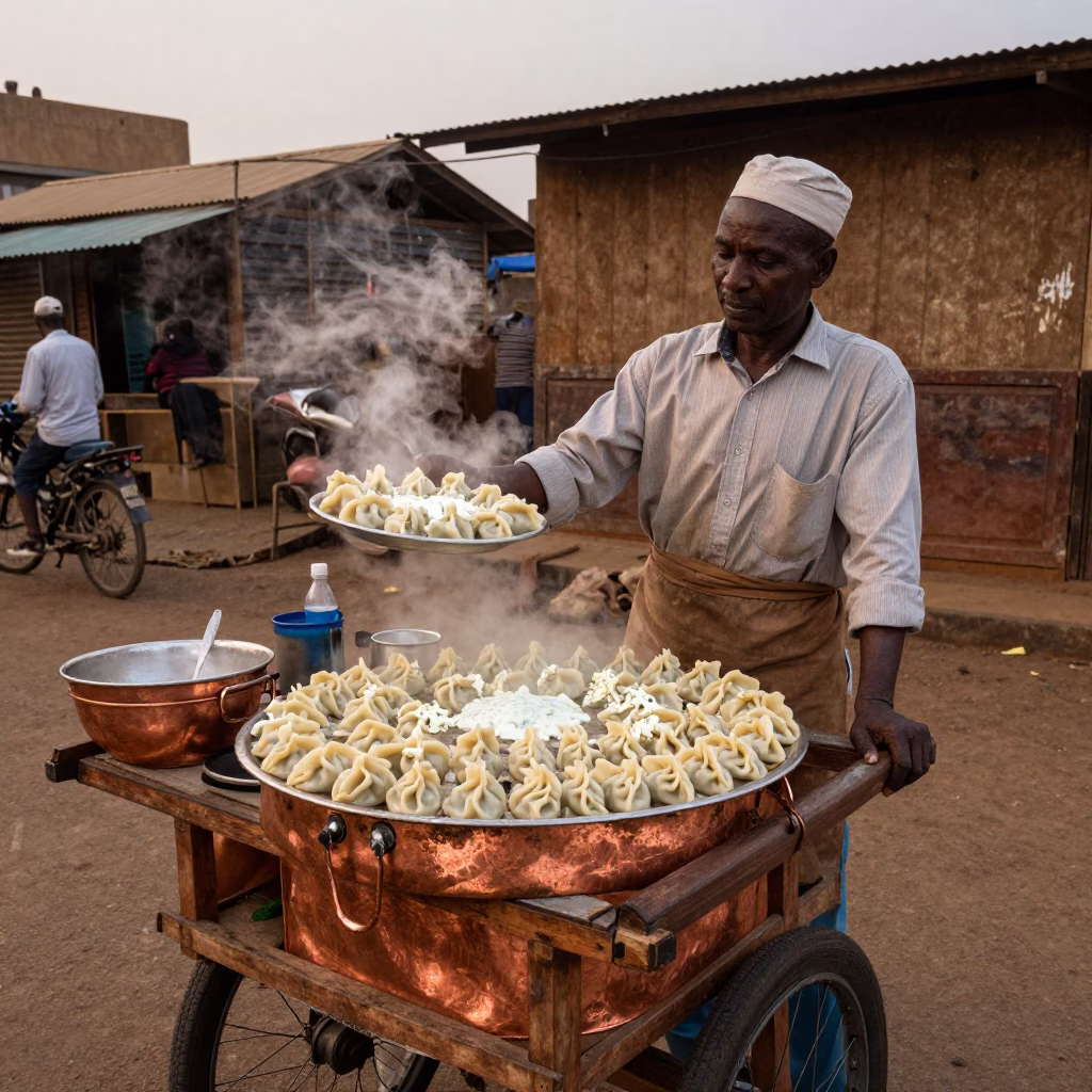 Nairobi Street Vendor Selling Turkish Manti Dumplings in Copper Dusk Light in in Nairobi, Kenya