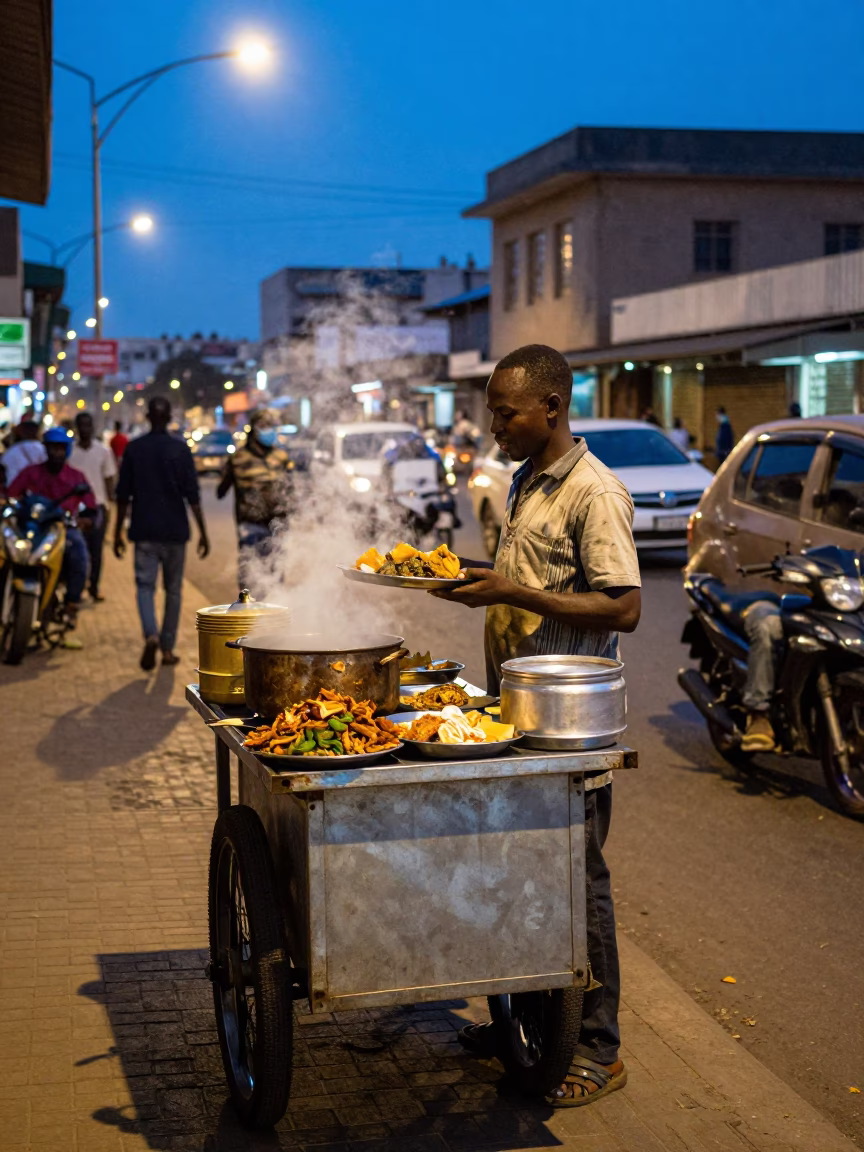Nairobi street vendor serving hot food under evening streetlights in in Nairobi, Kenya