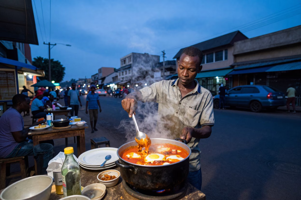 Nairobi Street Vendor Serving Shakshuka Under Indigo Twilight in Kenya in in Nairobi, Kenya