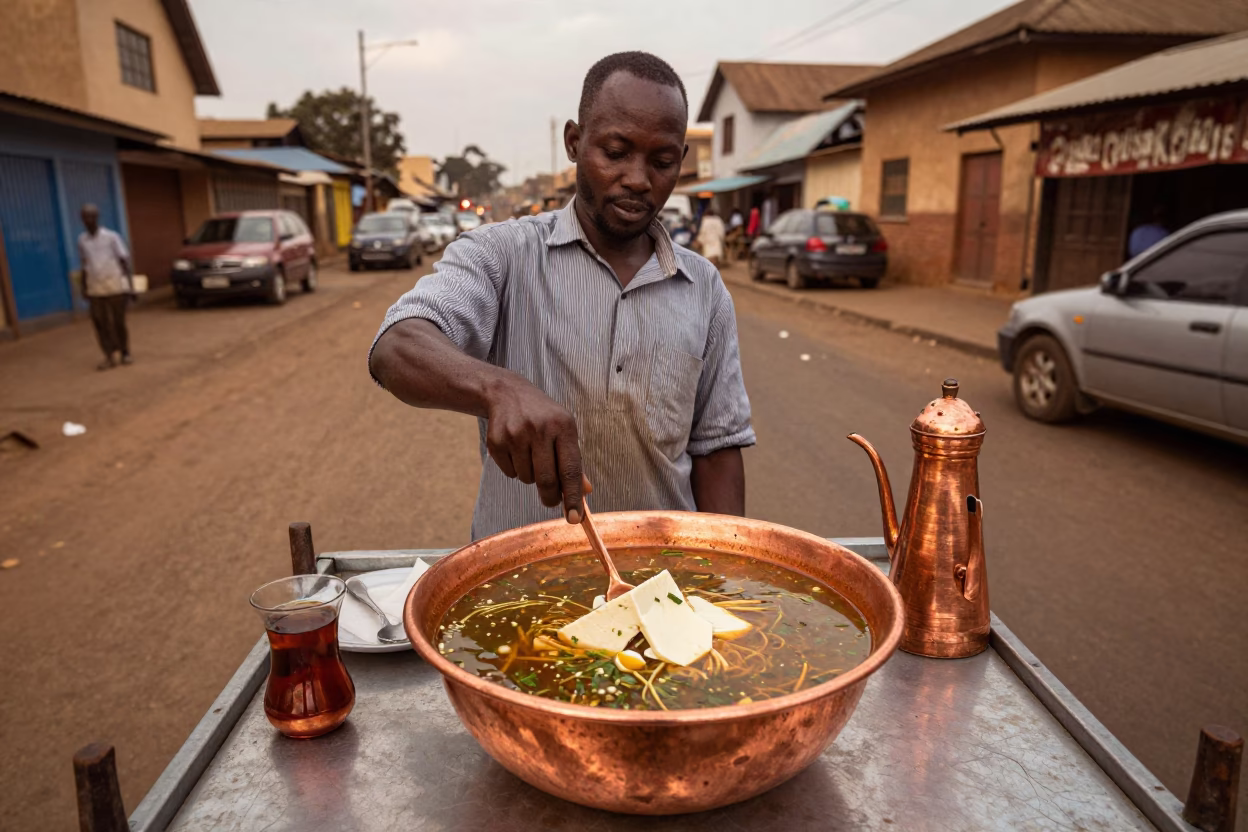 Nairobi Street Vendor Serving Soup and Tea in Copper Dusk Light in in Nairobi, Kenya