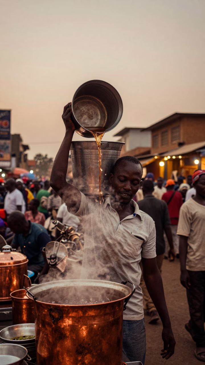 Nairobi street vendor serving steaming tea in copper dusk light with clipboard and grater in in Nairobi, Kenya