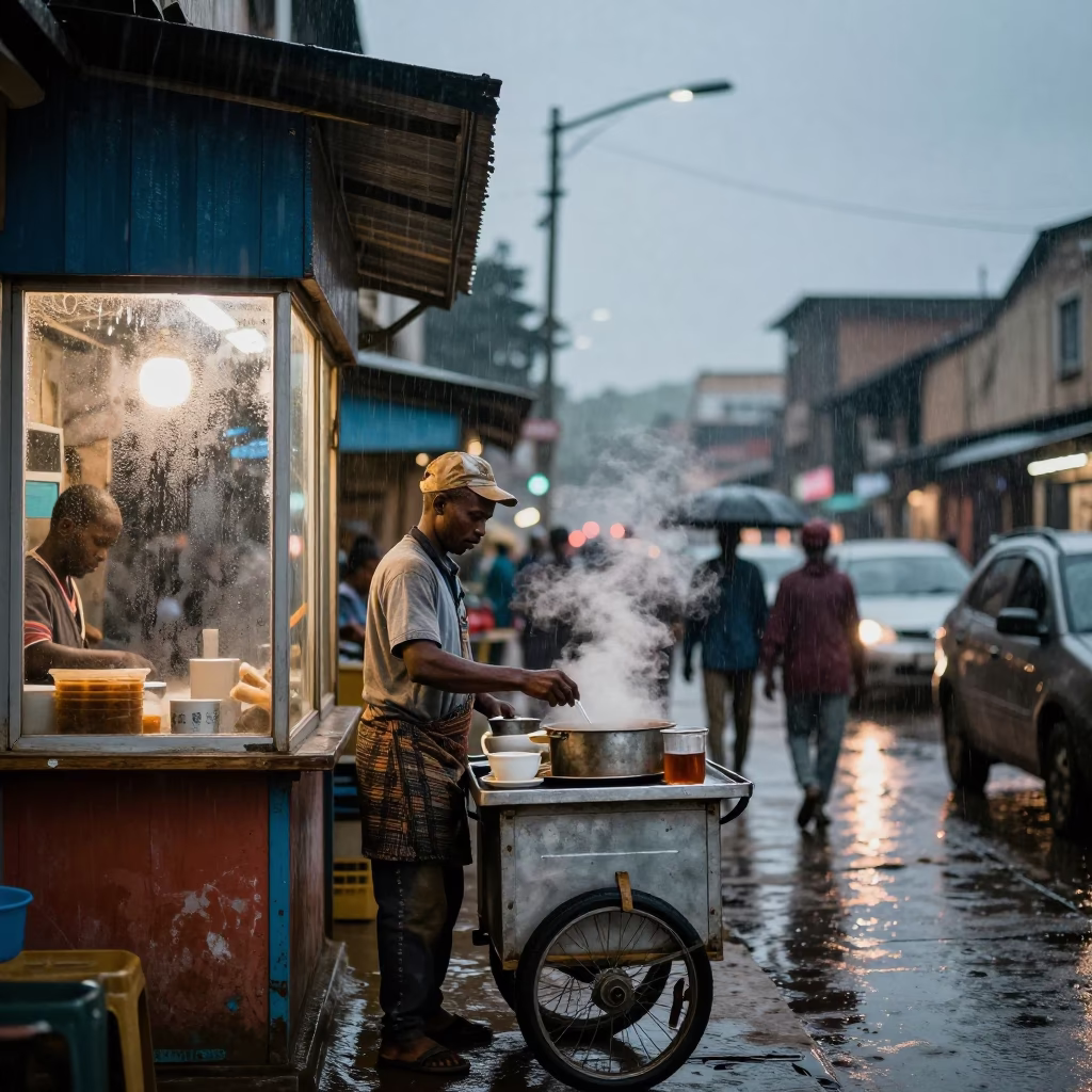 Nairobi Street Vendor Serving Steaming Tea Under Dusk Rain in in Nairobi, Kenya