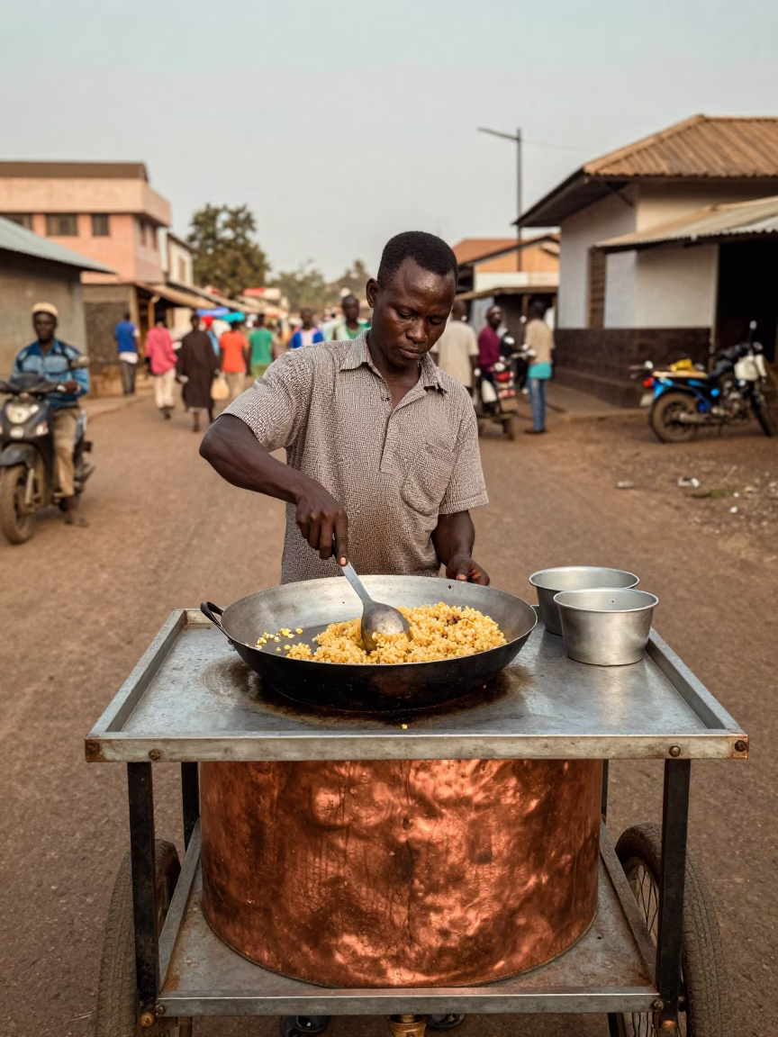 Nairobi Street Vendor Serving Ugali and Sukuma Wiki in Copper Toned Dusk Light in in Nairobi, Kenya