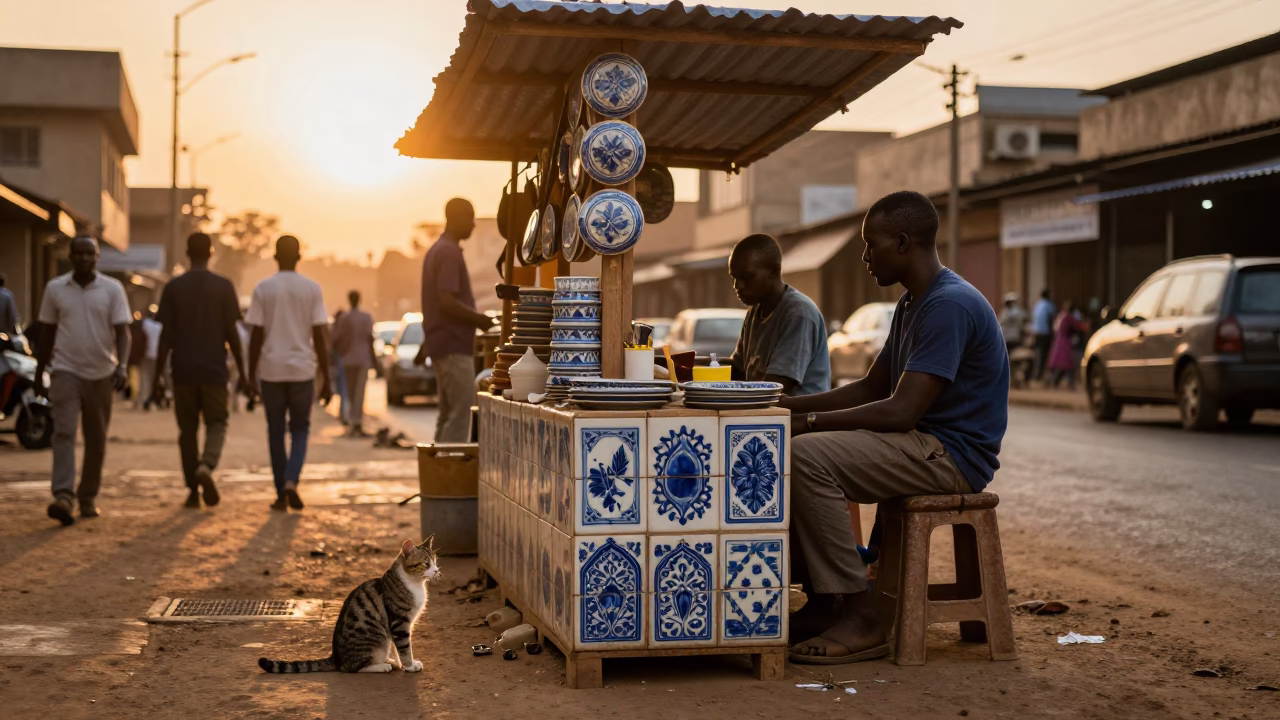 Nairobi street vendor sunset with ceramic tiles and tabby cat in in Nairobi, Kenya