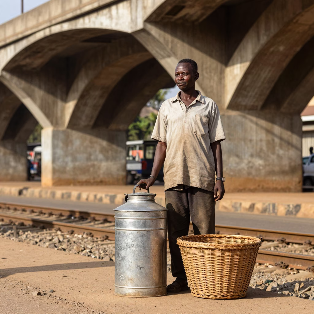 Nairobi Street Vendor with Coffee Tin and Wicker Basket Under Railway Viaduct in in Nairobi, Kenya