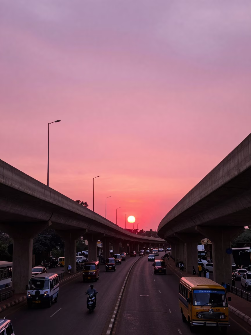 Nairobi Sunset Highway Flyover with Pink Evening Sky and Local Street Life in in Nairobi, Kenya