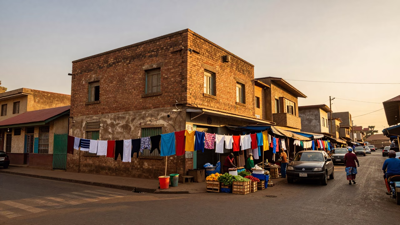 Nairobi Sunset Street Scene with Laundry and Local Market Activity in in Nairobi, Kenya