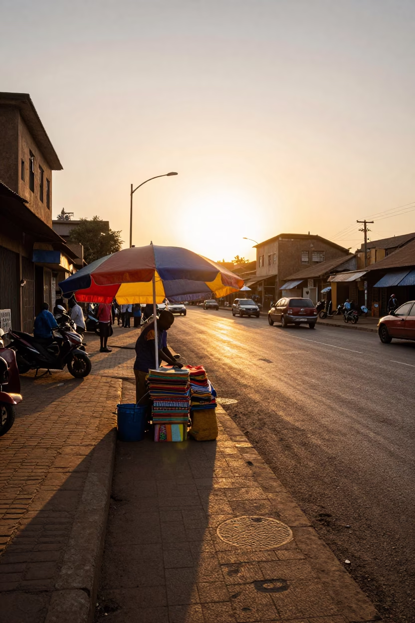 Nairobi Sunset Street Scene with Local Vendor and Umbrella Shop in in Nairobi, Kenya
