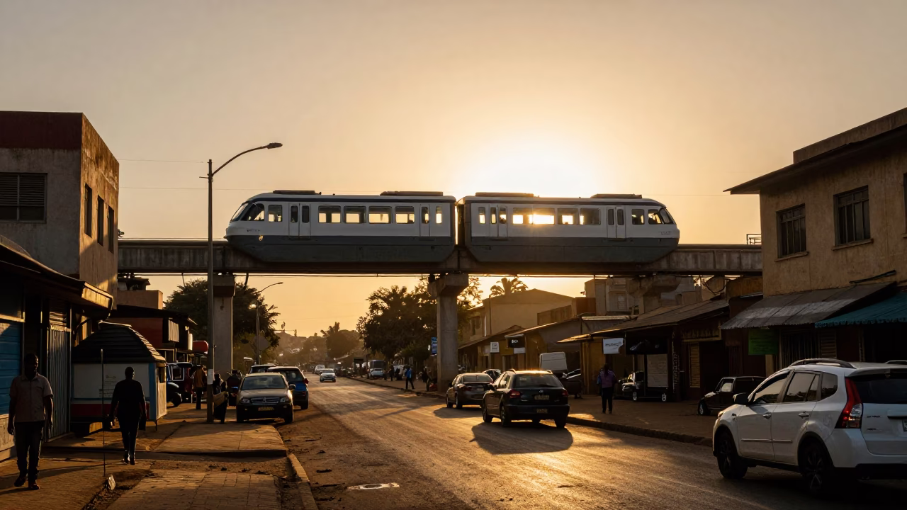 Nairobi Sunset Street Scene with Monorail Silhouette and Local Market Activity in in Nairobi, Kenya