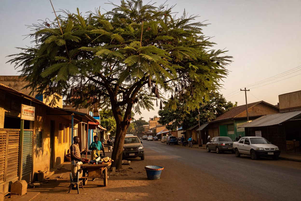 Nairobi Sunset Street Scene with Tamarind Tree and Local Vendor Activity in in Nairobi, Kenya