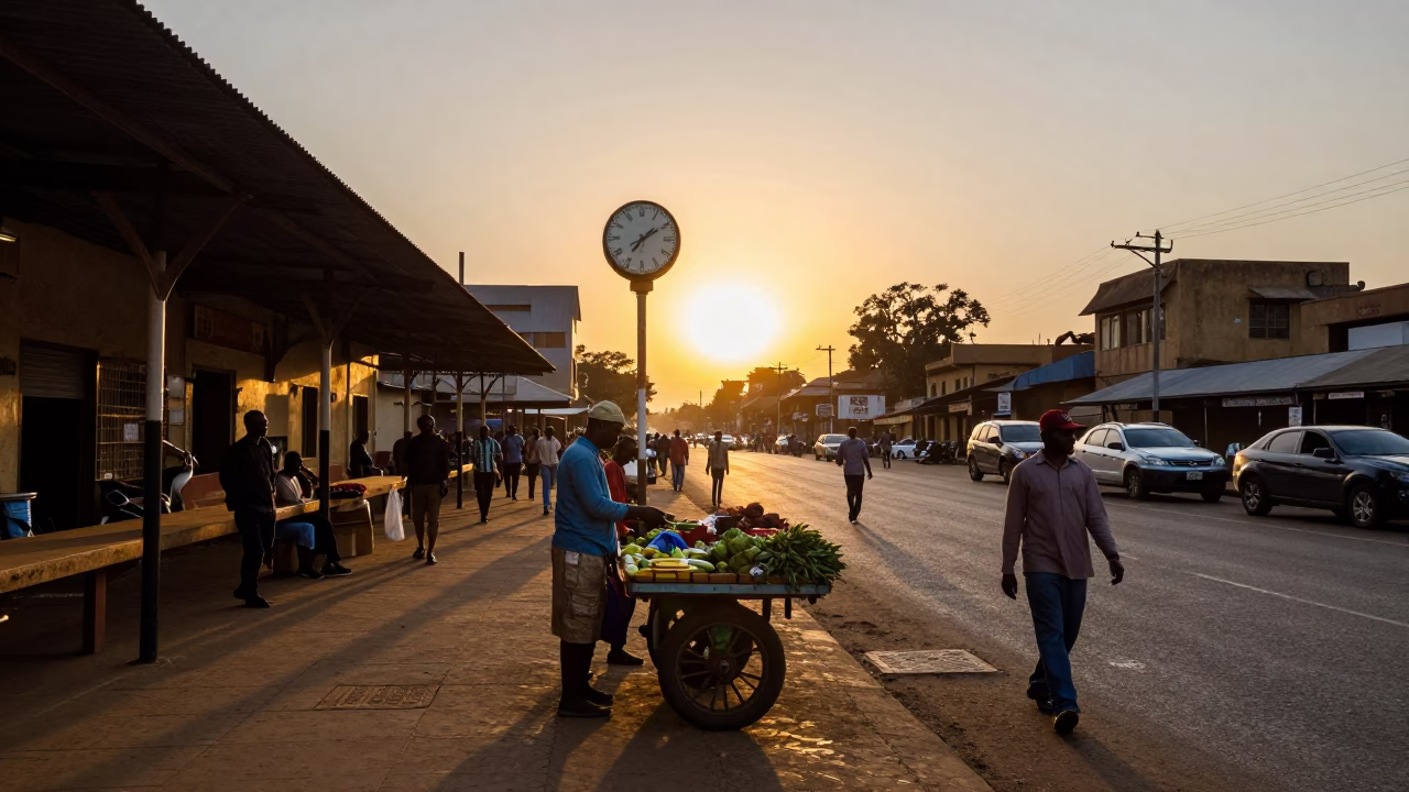 Nairobi Sunset Street Scene with Train Station Clock and Local Commerce in in Nairobi, Kenya