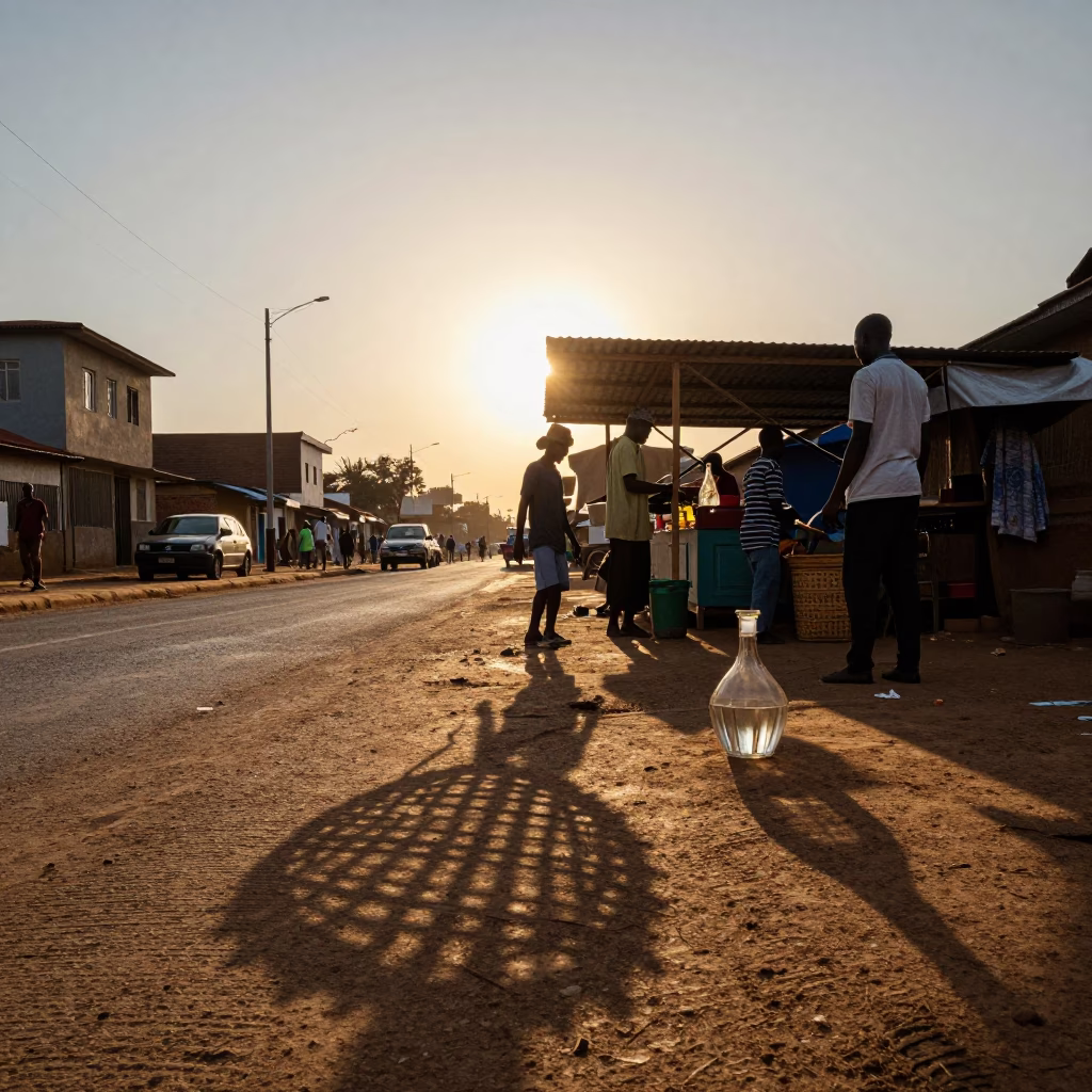 Nairobi Sunset Street Scene with Wicker Shadow and Decanter on Wooden Table in in Nairobi, Kenya