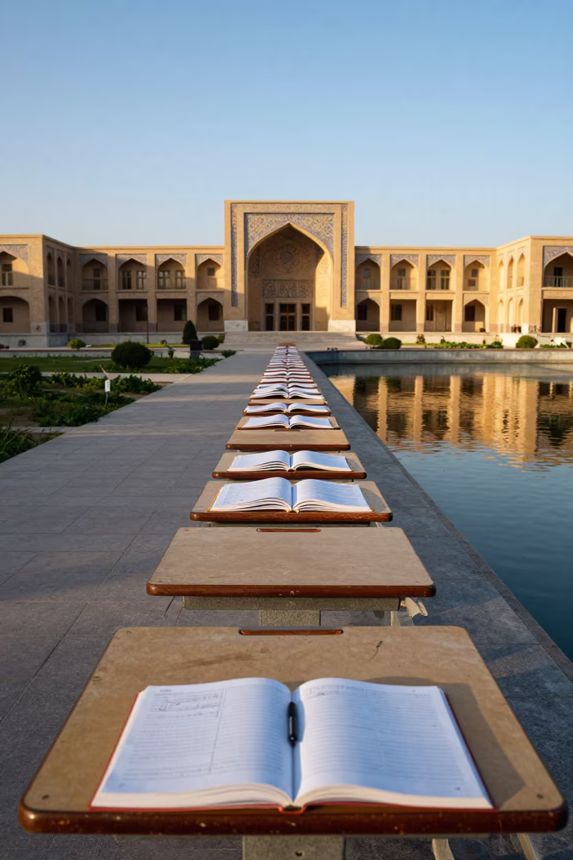 Najaf Campus Quadrangle Moonlight After Exams in along a schoolyard walkway in Najaf