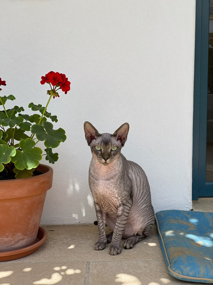 Naked Donskoy Cat on Shaded Marseille Porch in beside a plain courtyard wall in clear daylight with the animal at eye level in Marseille