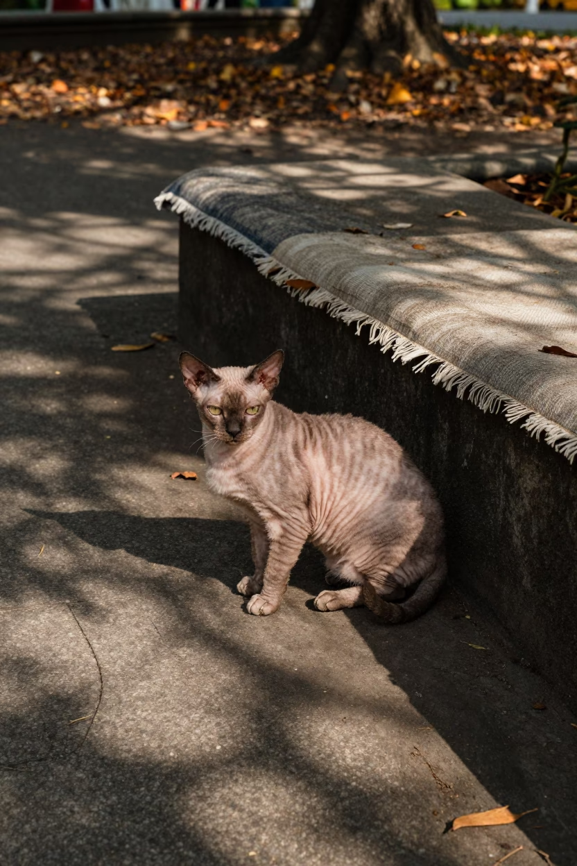 Naked Donskoy Cat on Shaded Taoyuan Porch in along a quiet park path with soft open shade and a clean background in Taoyuan County