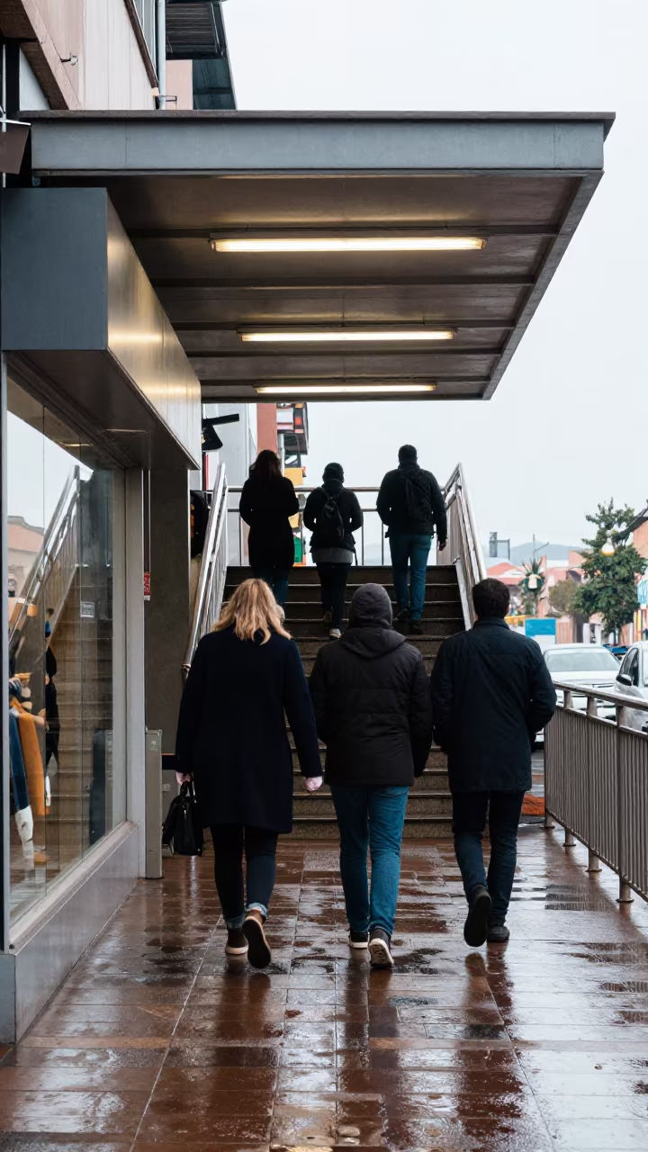 Nakuru Commuters Rushing From Subway Stair in beneath a flickering underpass light in Nakuru