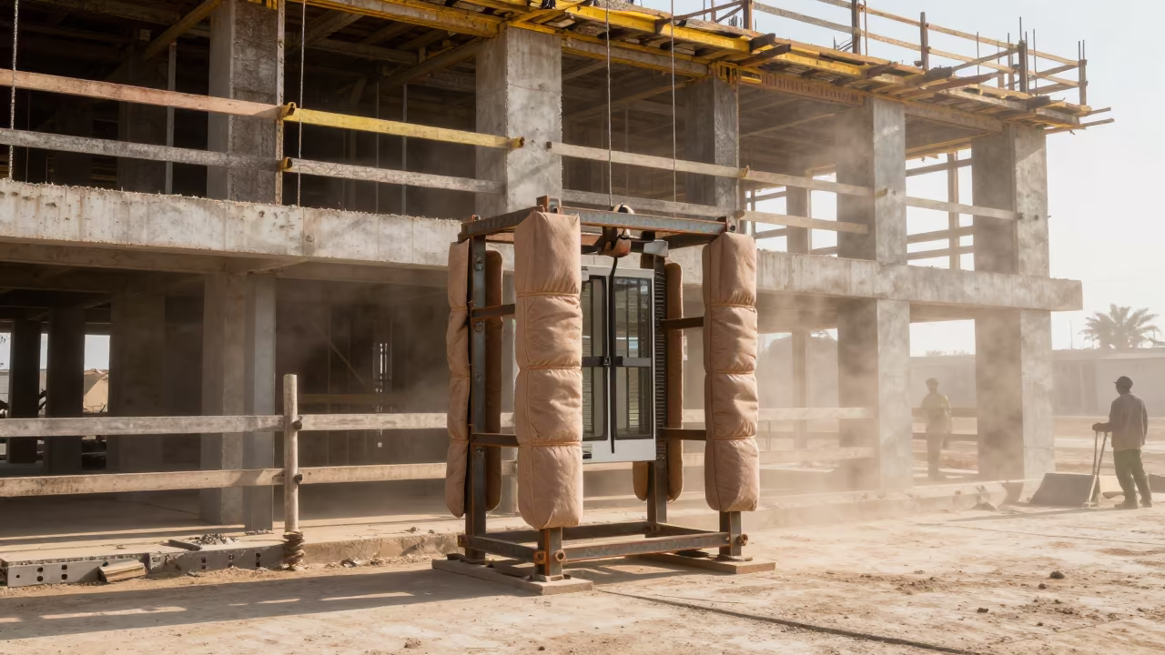 Namibia Construction Elevator Pad Rack in Late Afternoon in on an active construction deck in Namibia