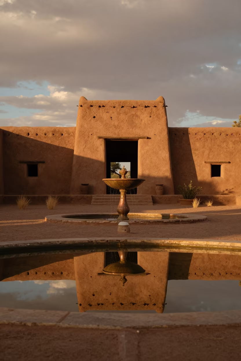 Namibian Adobe Hacienda Courtyard at Dusk in in Namibia