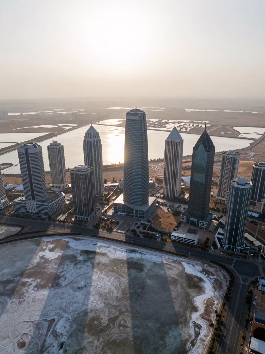 Namibian Salt Ponds Sunrise Aerial View in high over salt ponds and causeways in Namibia