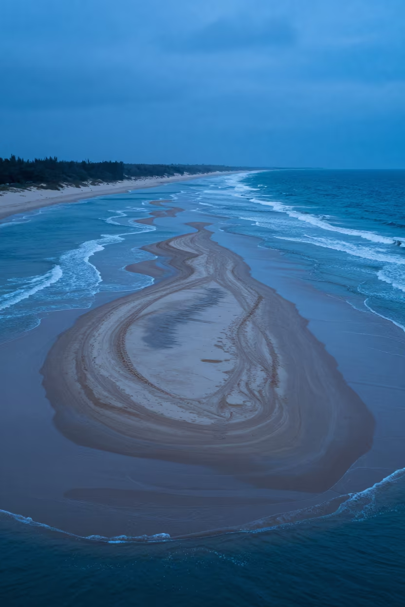Namibian Sandbar Island at Blue Hour Twilight in far above surf-scalloped coastline in Namibia