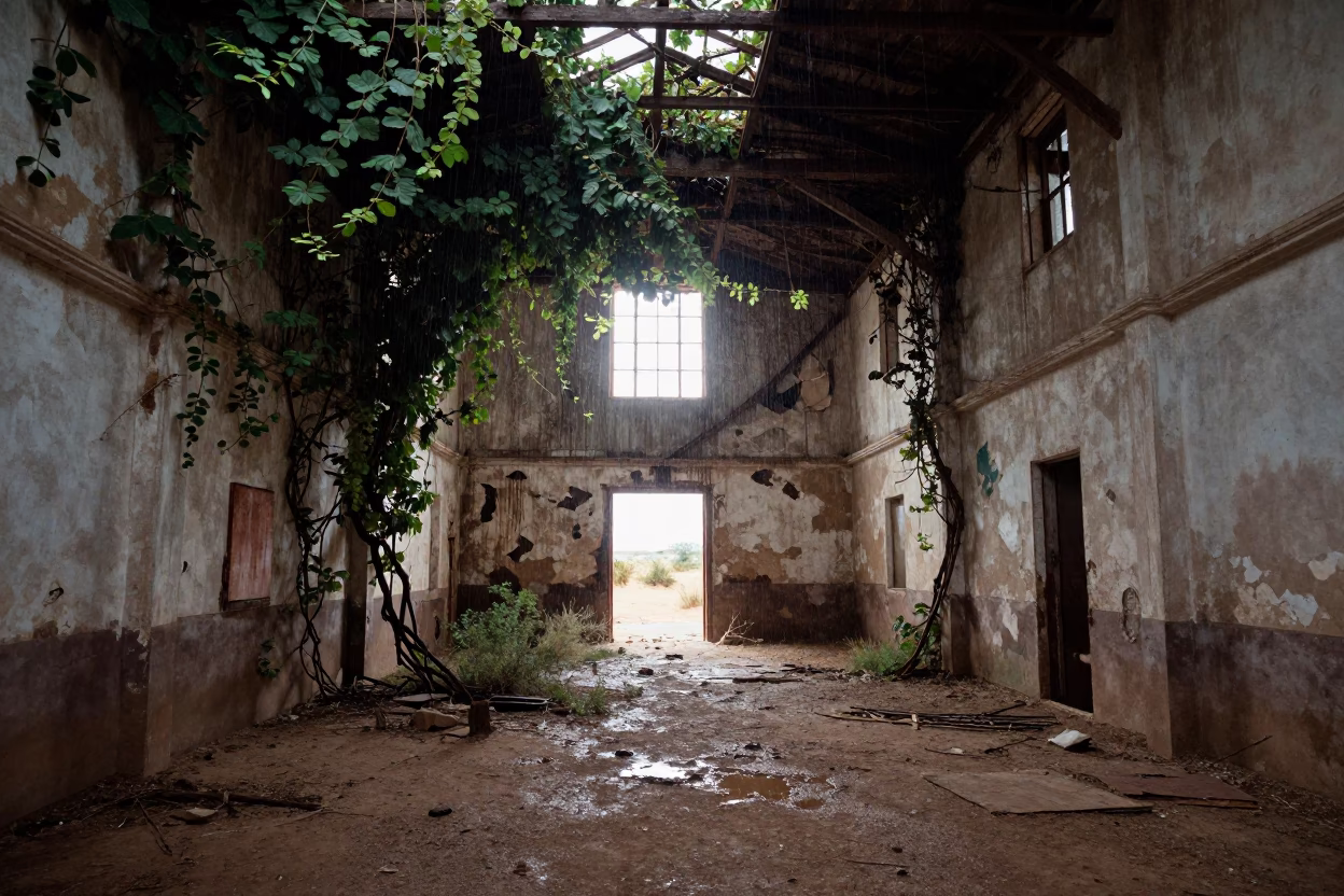 Namibian Textile Hall Ruin Late Afternoon in along a vine-choked corridor in Namibia