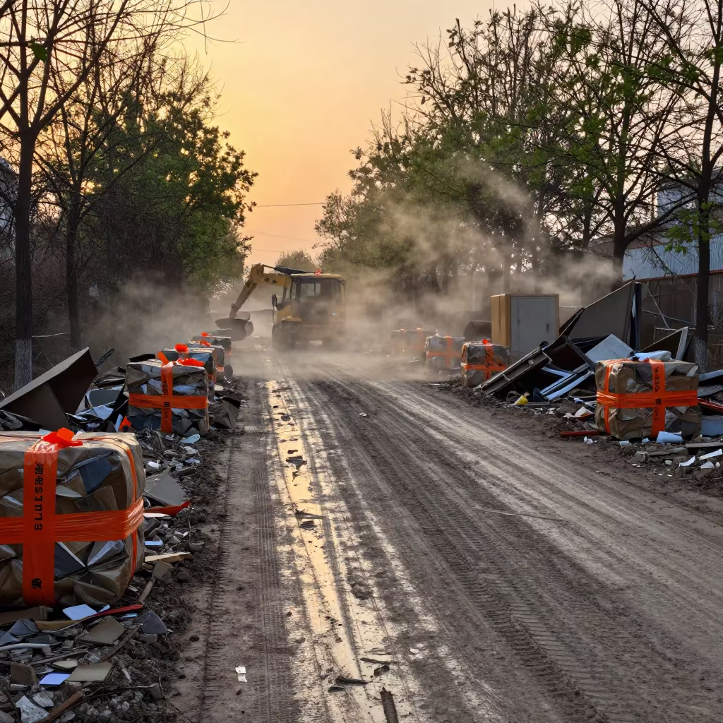 Nanchang Demolition Cleanup Site with Labeled Bundles in at a muddy site access road near Nanchang