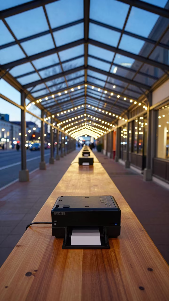 Nanjing Arcade Scanner Glowing Under Winter Lights in inside a glass-roofed arcade in Nanjing