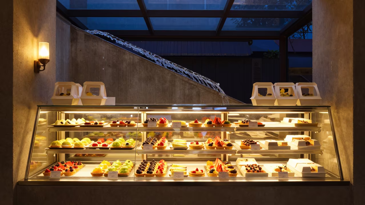 Nanjing Bakery Tarts Water Flows Uphill in inside a bright retail aisle in Nanjing