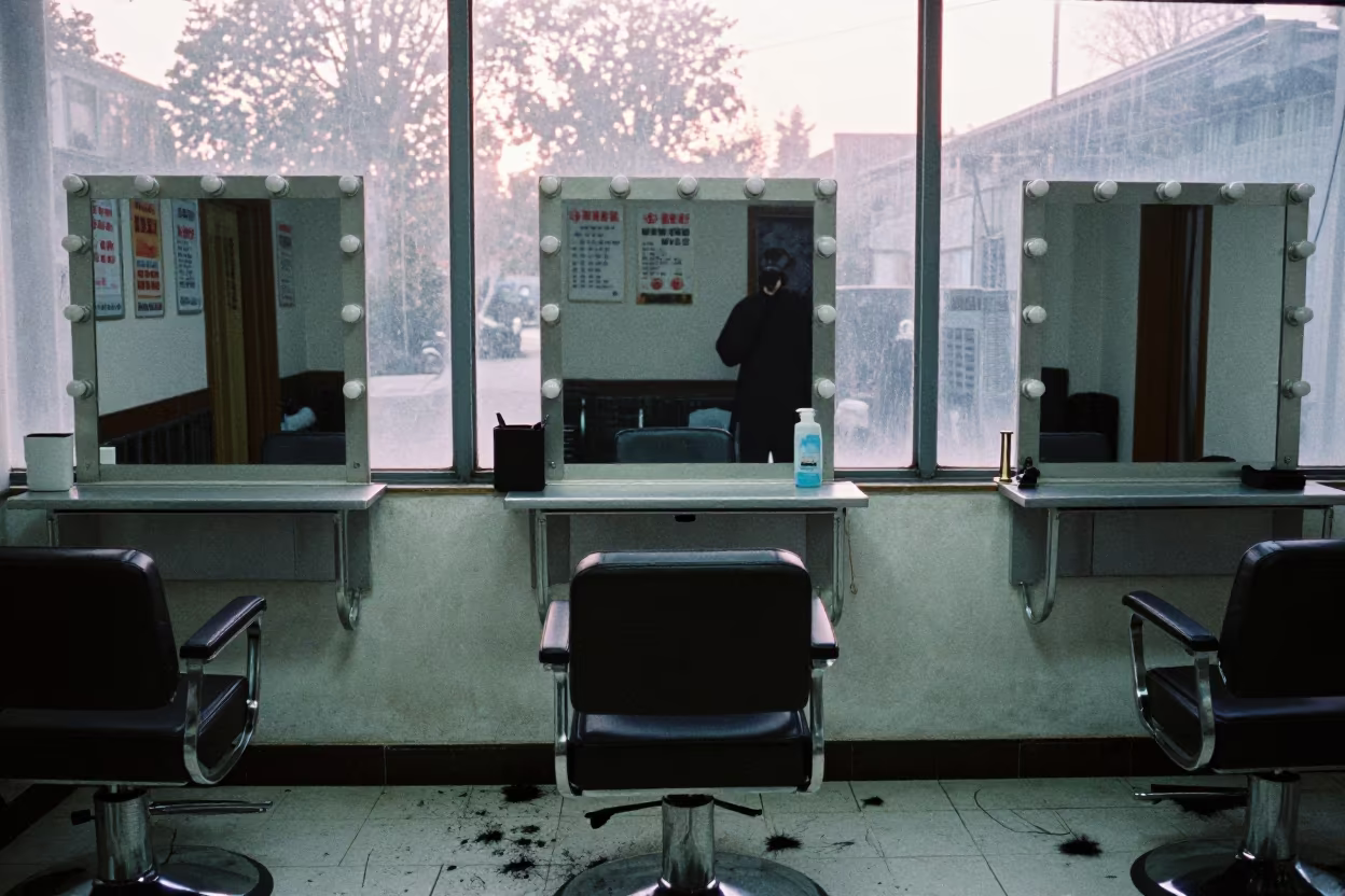 Nanjing Barber Station Morning Light Guide Rack in at a barber station beneath mirror bulbs near Nanjing