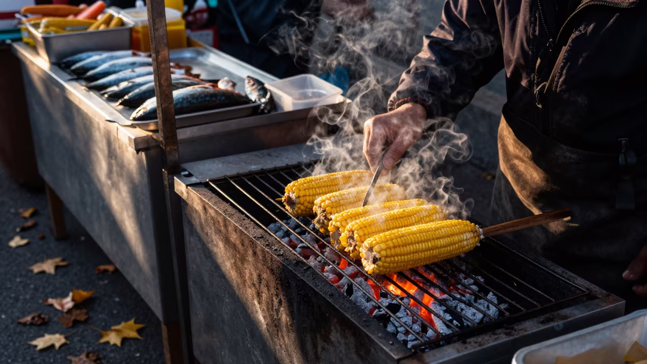 Nanjing Dawn Corn Vendor Charcoal Grill in beside a fish counter in Nanjing