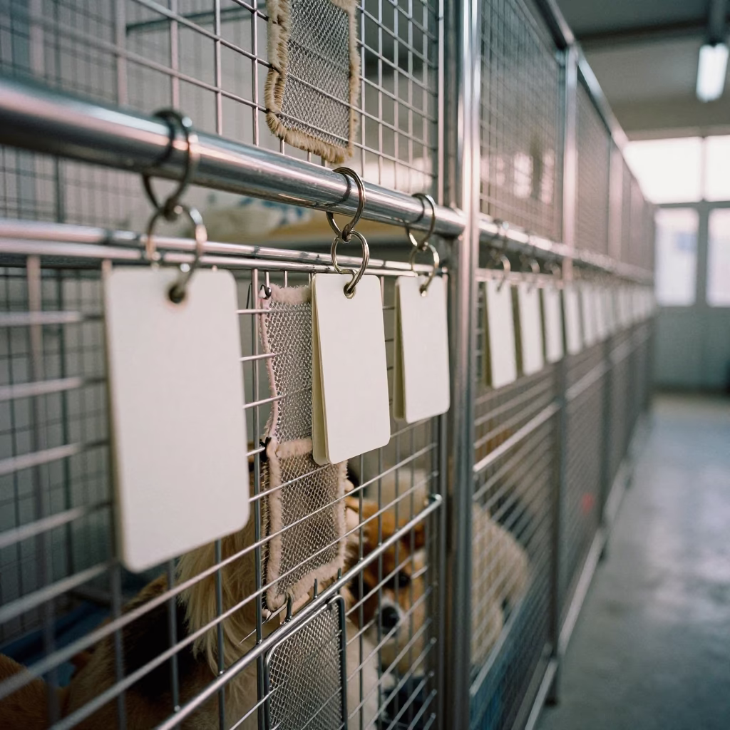 Nanjing Kennel Key Tags on Rail in in a boarding kennel corridor in Nanjing