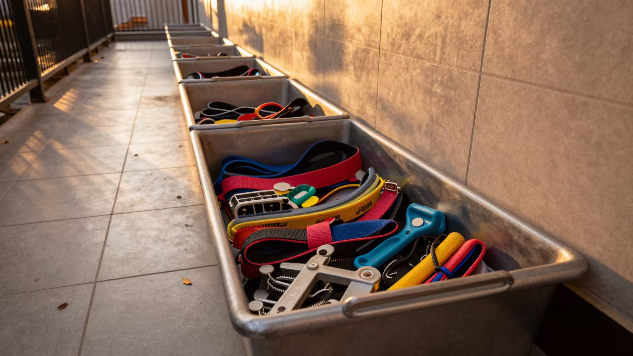 Nanjing Kennel Reunion Gear Bin Golden Hour in in a boarding kennel corridor in Nanjing