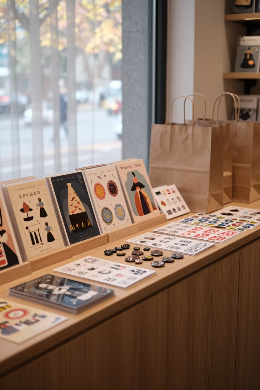 Nanjing Museum Shop Till with Postcards in at a cash wrap counter with bags stacked nearby in Nanjing