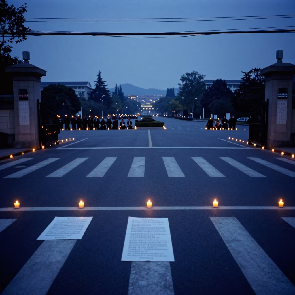 Nanjing School Gate Candle Vigil at Blue Hour in at a crosswalk by a school gate in Nanjing