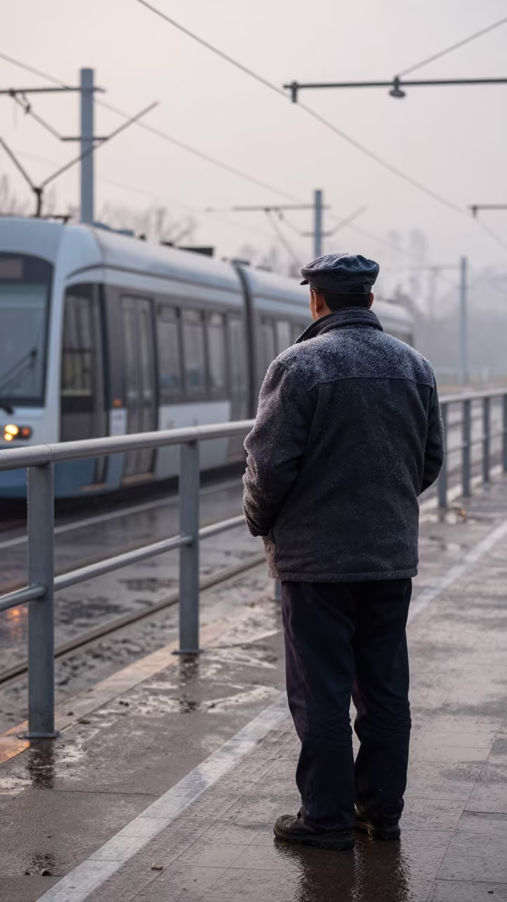 Nanjing Tram Conductor After Rain Winter Dawn in in Nanjing
