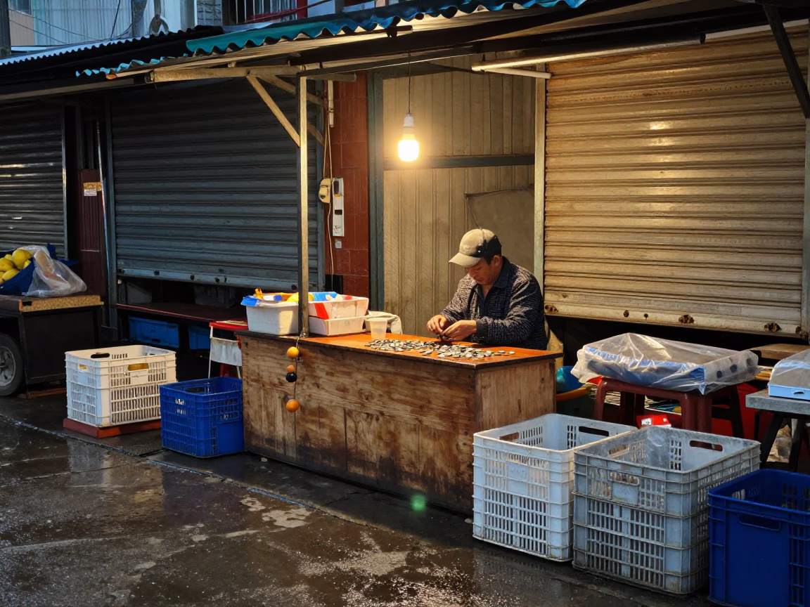 Nanning Market Vendor Counts Coins Evening in at a market stall in Nanning