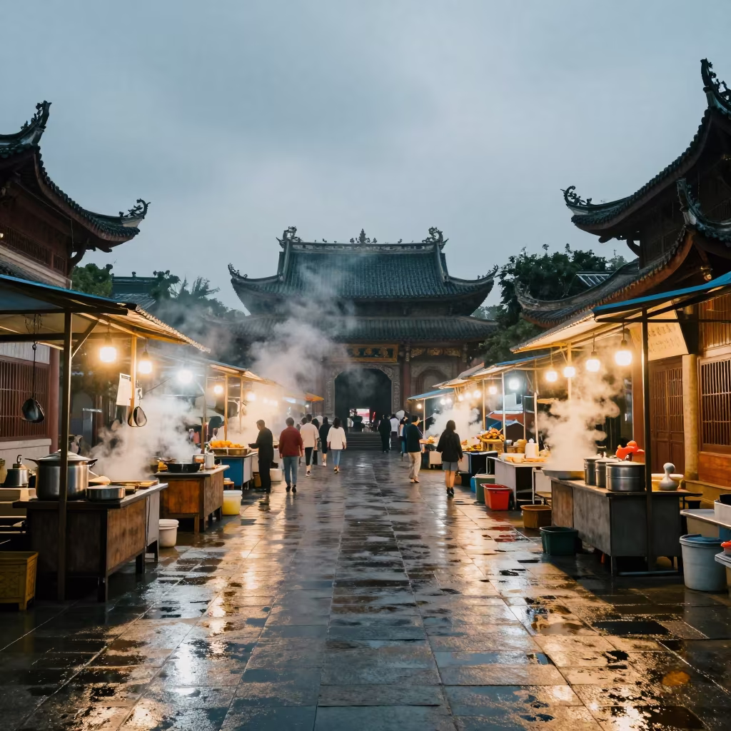 Nanning Temple Night Market Steam and Rain in in a temple courtyard in Nanning