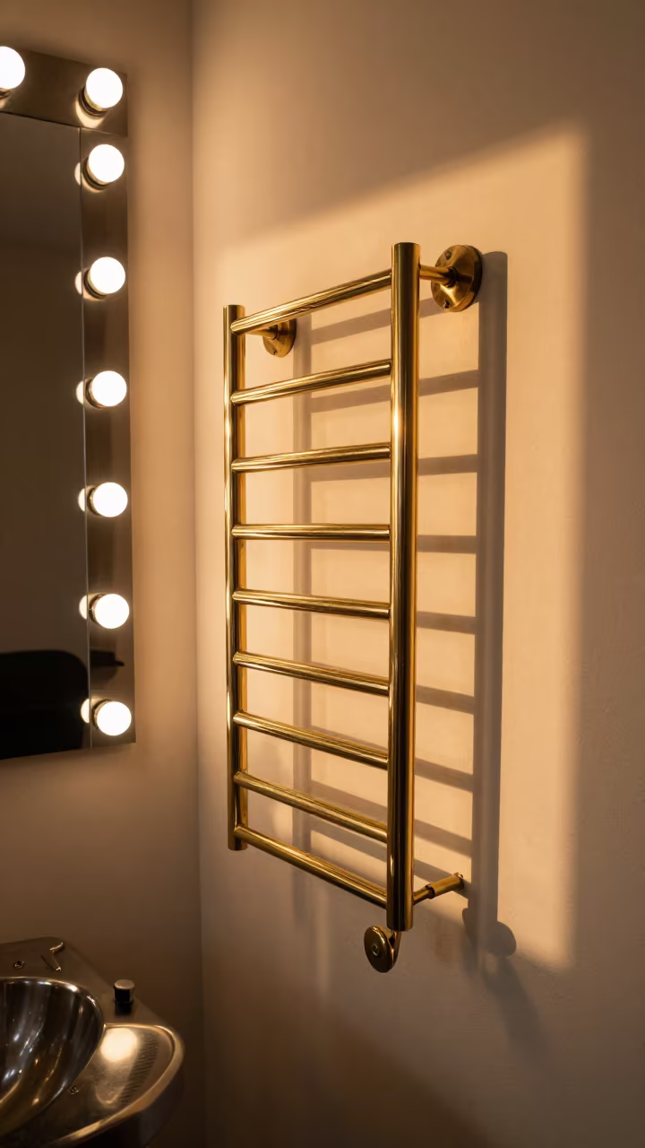 Nantes Barber Station Towel Warmer in Evening Light in at a barber station beneath mirror bulbs in Nantes