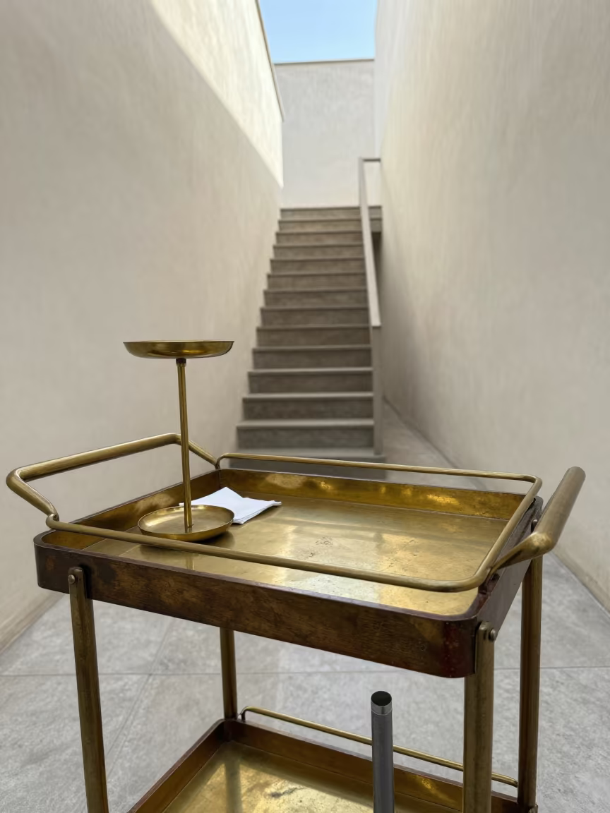 Napkin Ring on Trolley with Staircase in inside a jeweler's stall with brass scales and trays near Siirt
