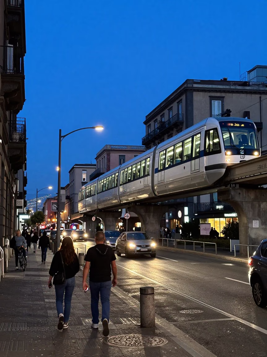 Naples Evening Monorail and Street Life in Last Blue Light in in Naples, Italy