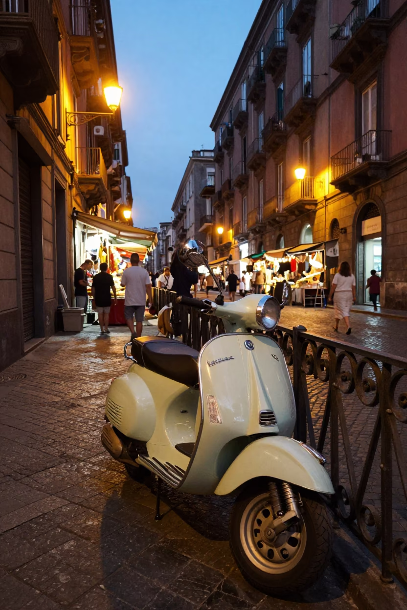 Naples Evening Street Scene with Vintage Vespa and Market Onions in in Naples, Italy