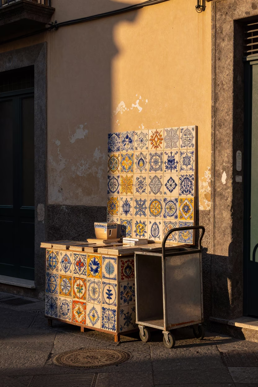 Naples Golden Hour Street Scene with Ceramic Tiles and Rolling Carts in in Naples, Italy