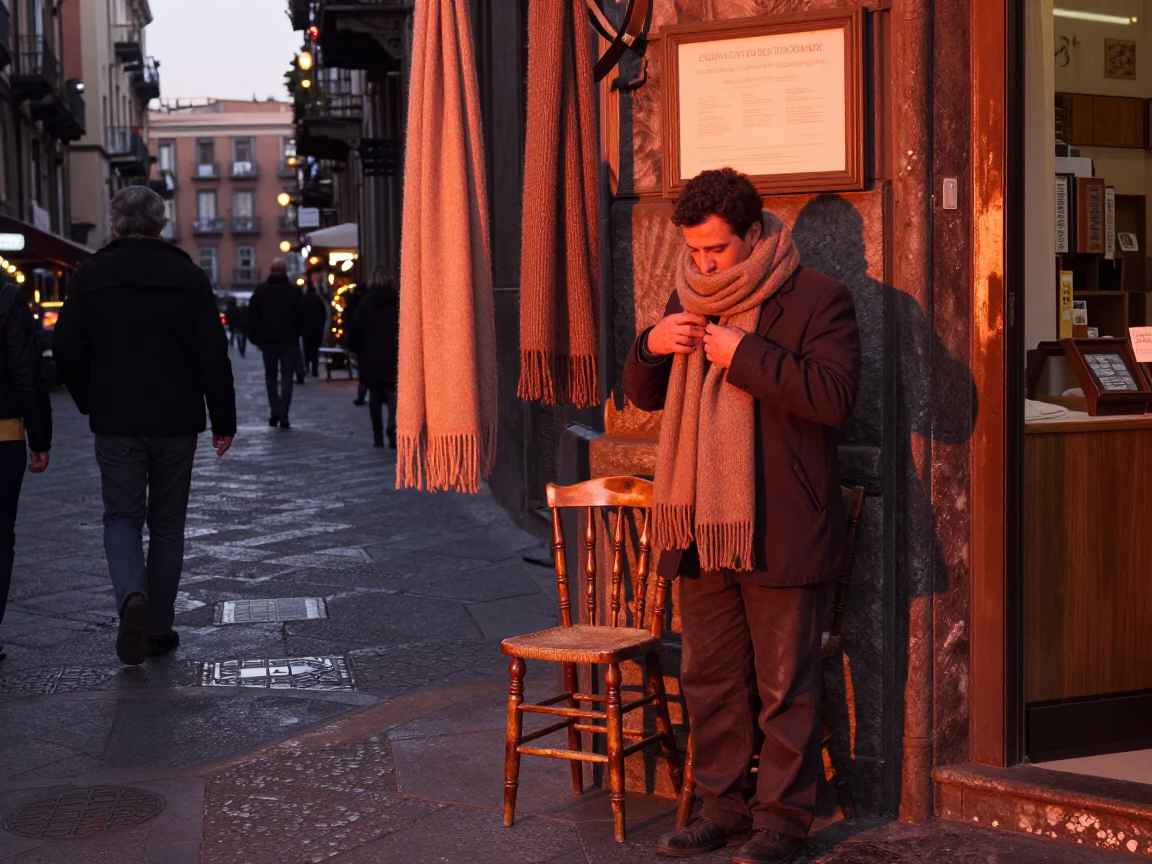 Naples Italy 1970s street scene copper light wool scarves and spindle chair in in Naples, Italy