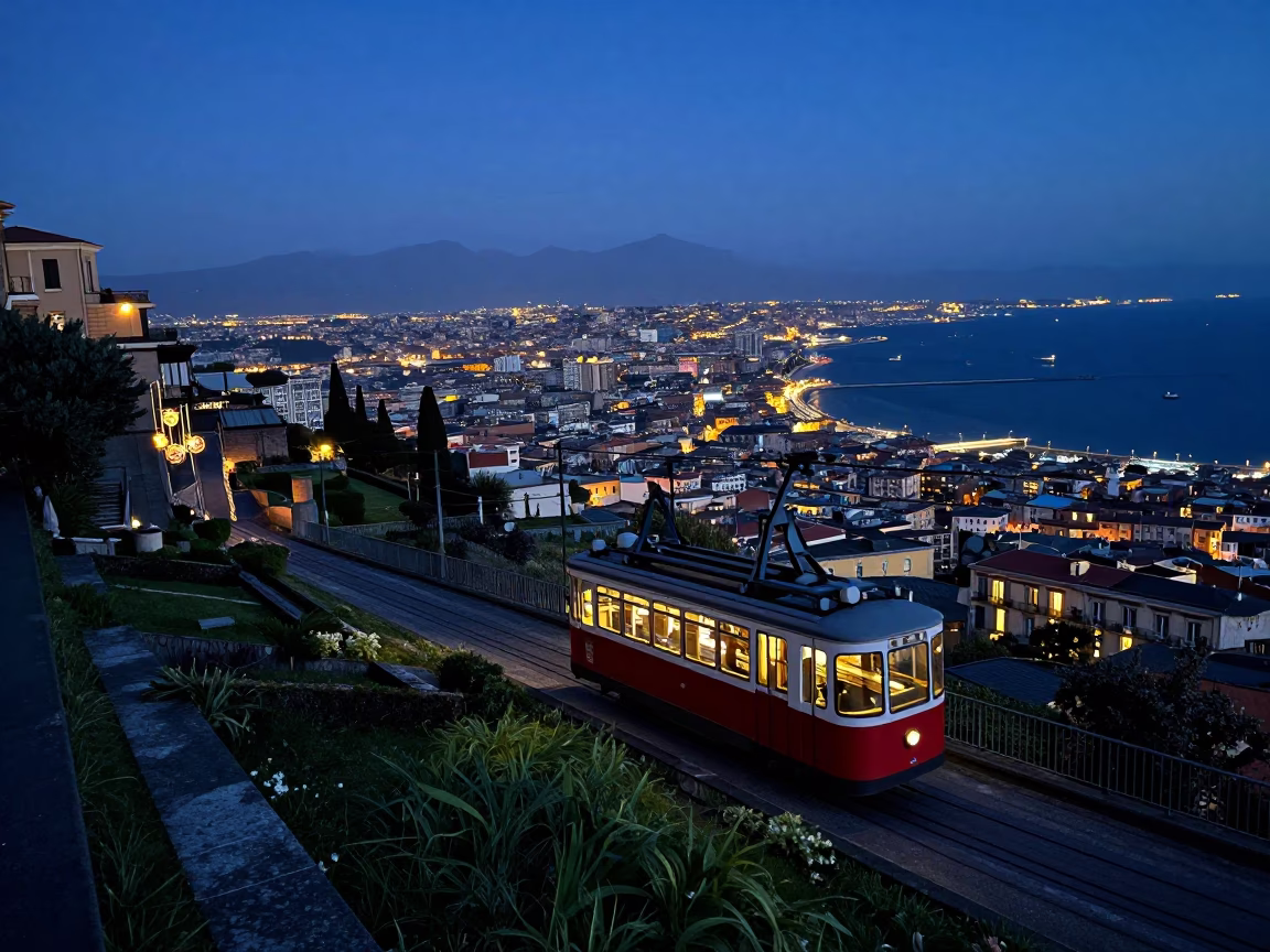 Naples Italy Before Dawn Funicular Rising Through Terraced Gardens City Lights in in Naples, Italy
