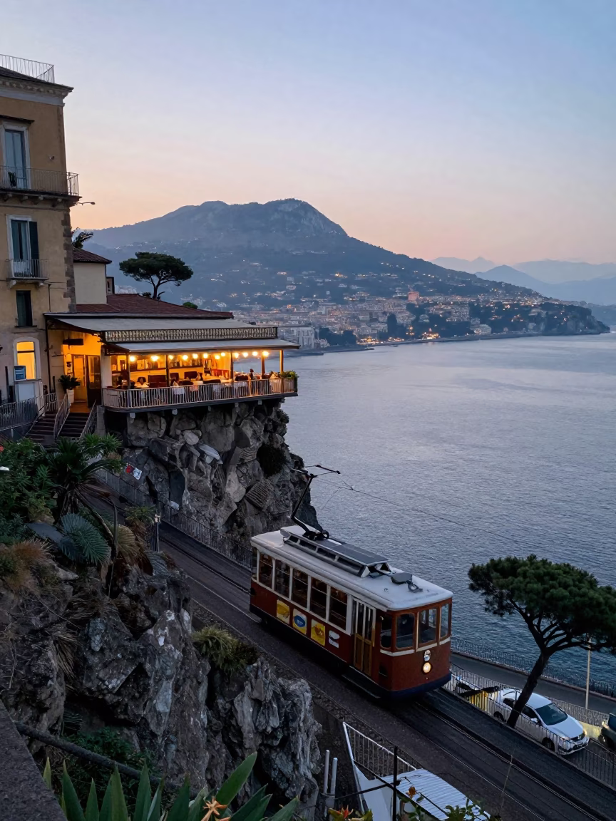 Naples Italy Before Sunrise Funicular Approaching Cliffside Restaurant with Early Morning Light in in Naples, Italy