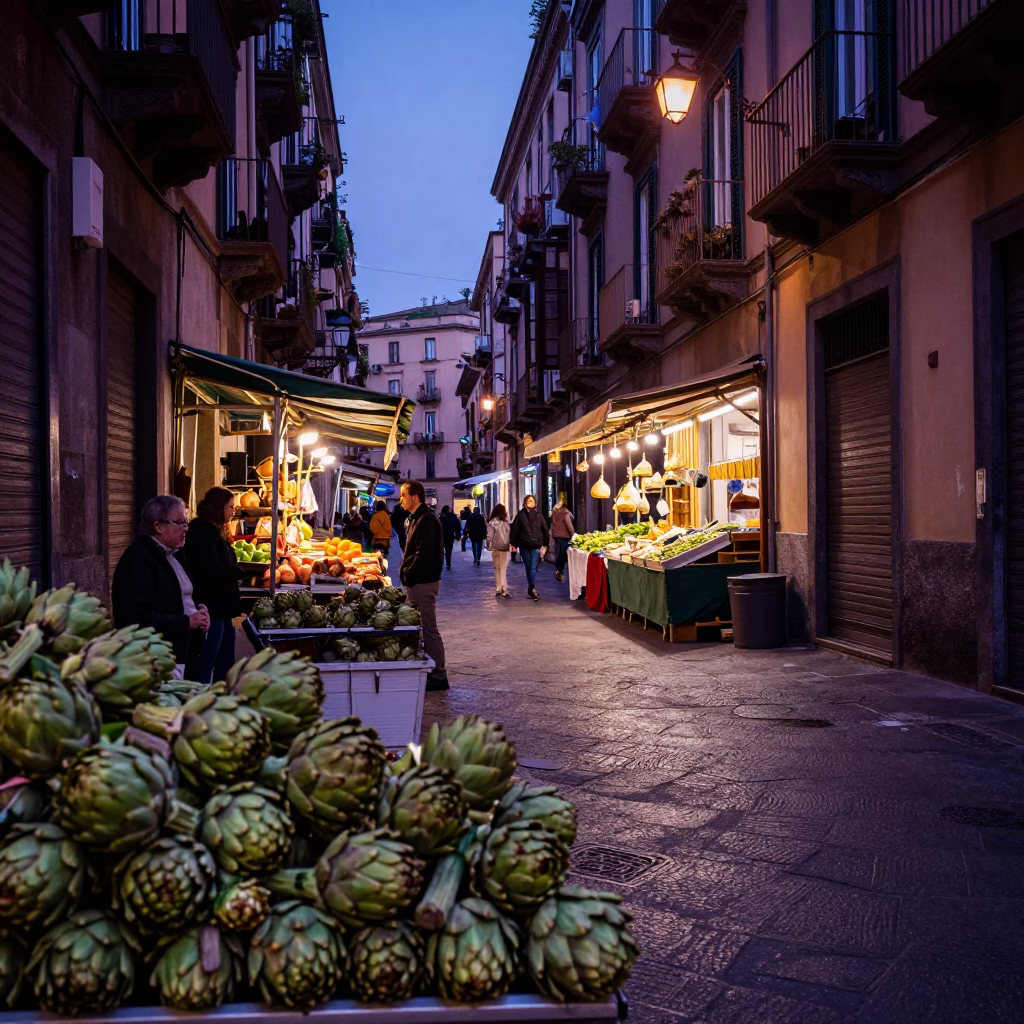 Naples Italy blue hour street scene with artichokes and local market ambiance in in Naples, Italy