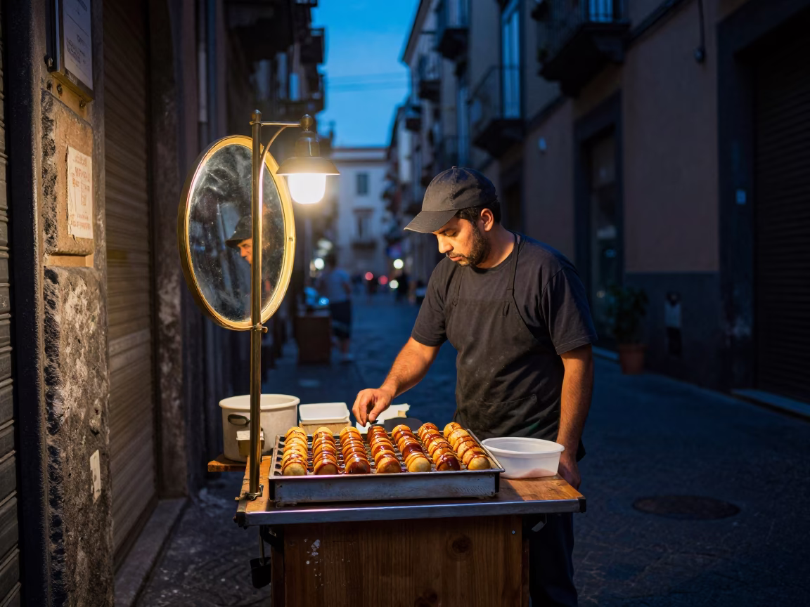 Naples Italy Blue Hour Street Scene with Brass Mirror and Takoyaki Tray in in Naples, Italy