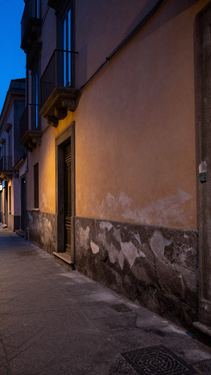 Naples Italy Blue Hour Street Scene with Dust on Wall and Vintage Car in in Naples, Italy